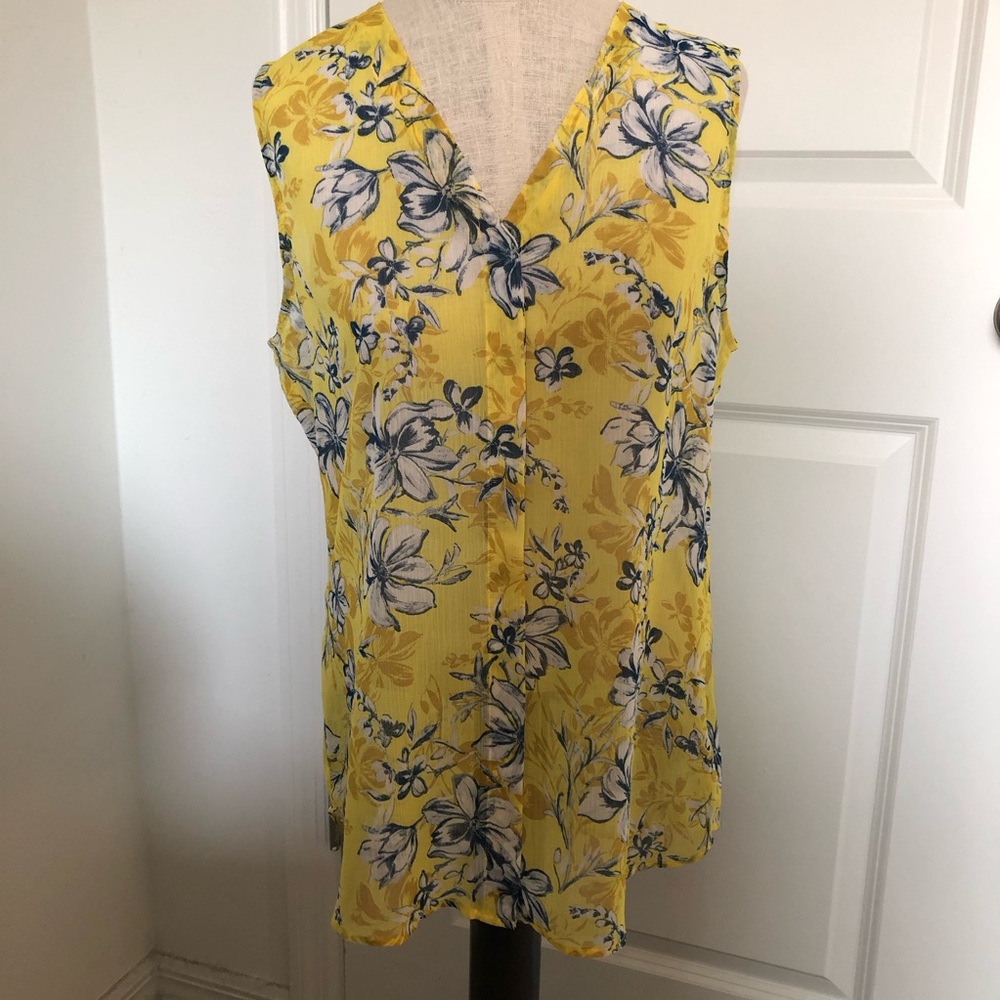 Kit From Cloth Sleeveless Yellow and Blue Floral V-Neck Top